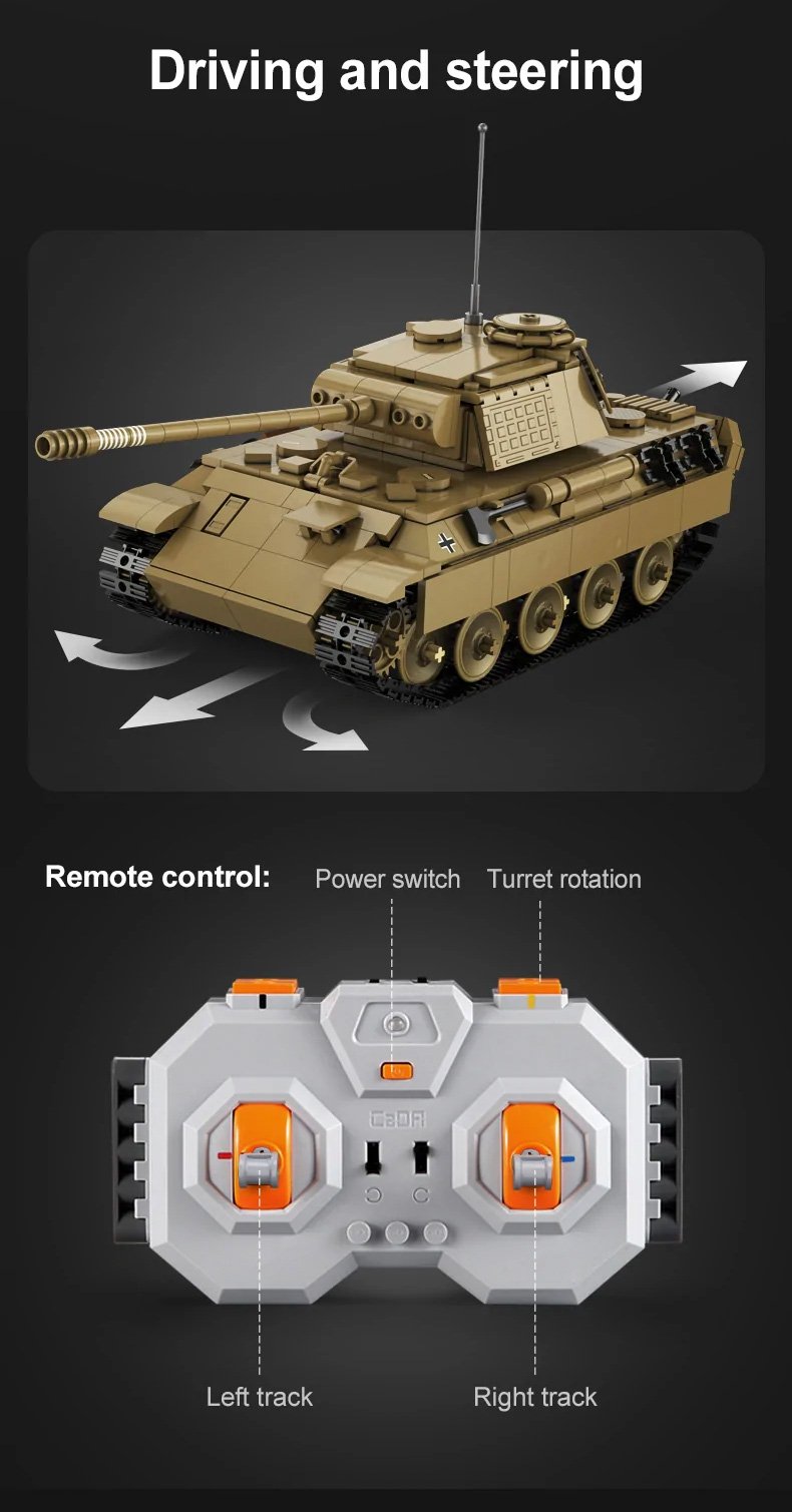 CaDA WWII German Panther RC Tank Brick Set – 907-Piece Remote Controlled Model with Rotating Turret