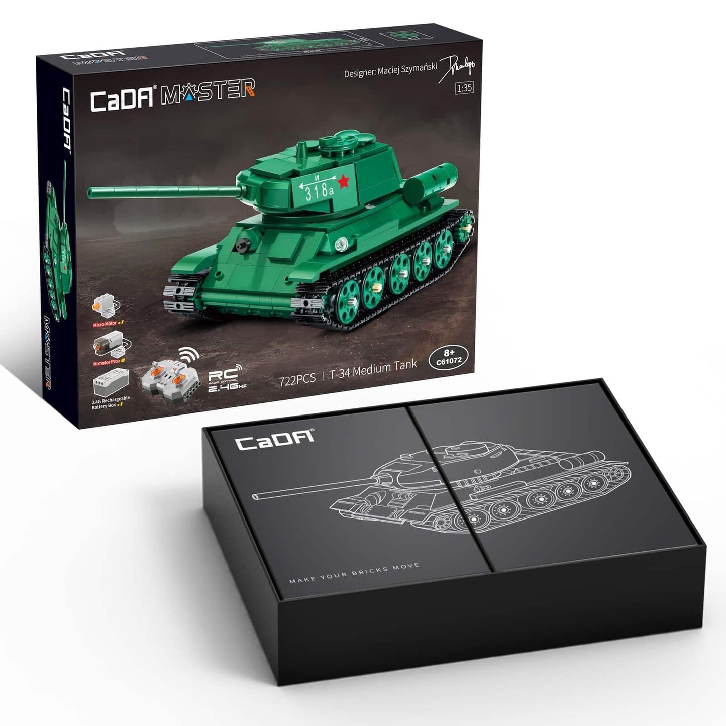 CaDA T-34 Medium Tank RC Brick Set – 722-Piece 1:35 Scale Motorized Soviet WWII Model