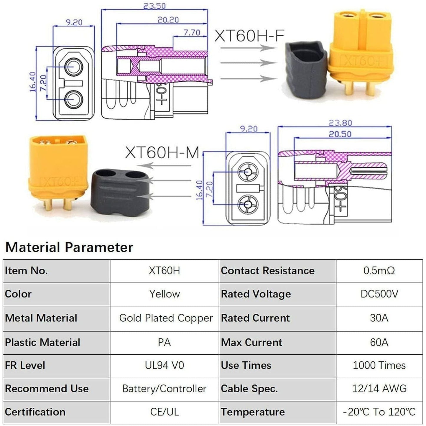 XT60H Male Plugs w/ Caps (1/2/4/25pk)