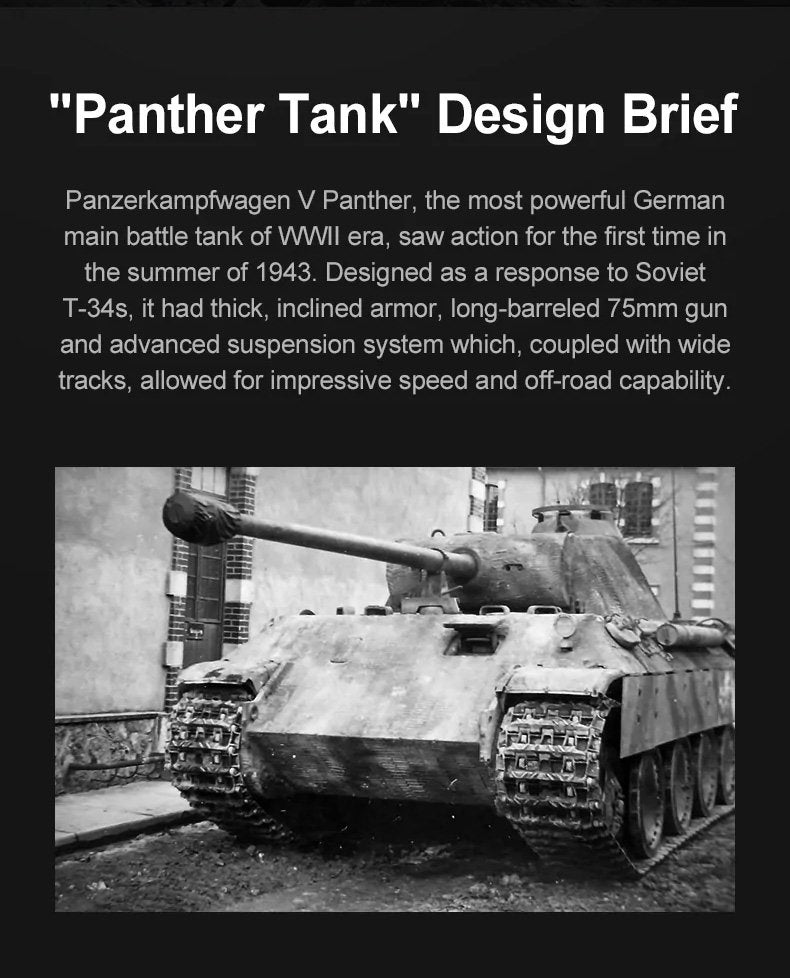 CaDA WWII German Panther RC Tank Brick Set – 907-Piece Remote Controlled Model with Rotating Turret