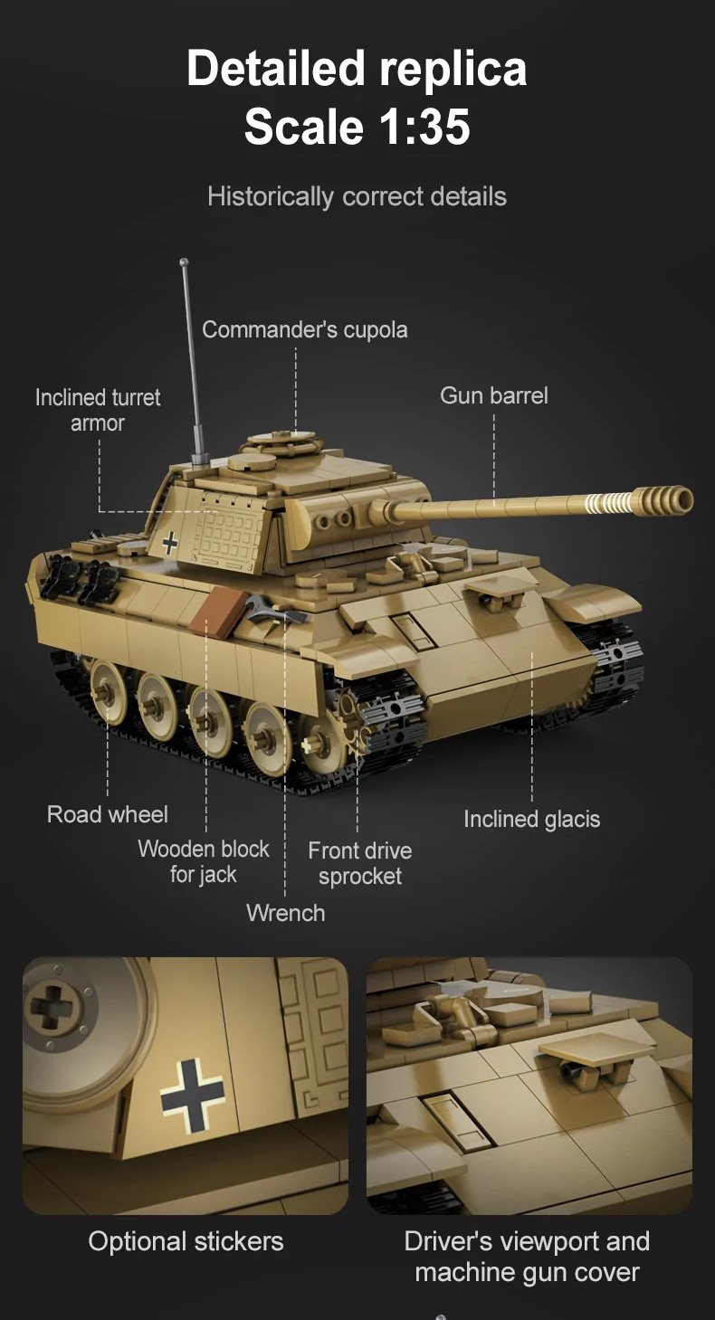 CaDA WWII German Panther RC Tank Brick Set – 907-Piece Remote Controlled Model with Rotating Turret