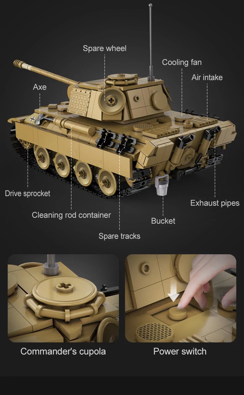 CaDA WWII German Panther RC Tank Brick Set – 907-Piece Remote Controlled Model with Rotating Turret