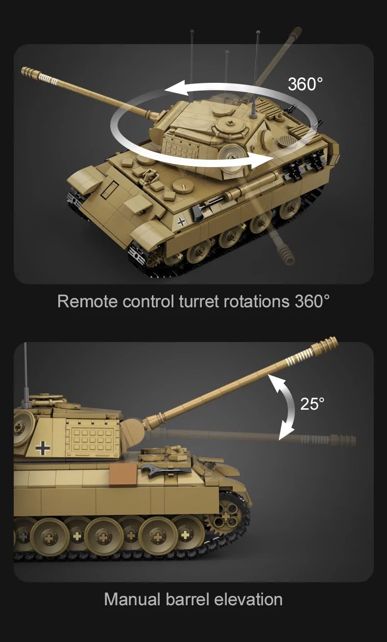 CaDA WWII German Panther RC Tank Brick Set – 907-Piece Remote Controlled Model with Rotating Turret