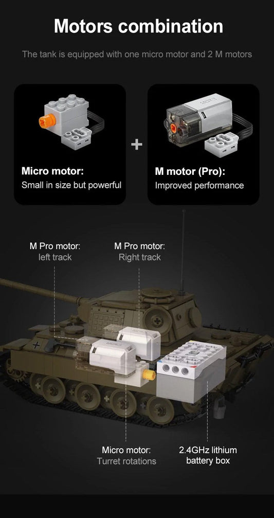 CaDA WWII German Panther RC Tank Brick Set – 907-Piece Remote Controlled Model with Rotating Turret