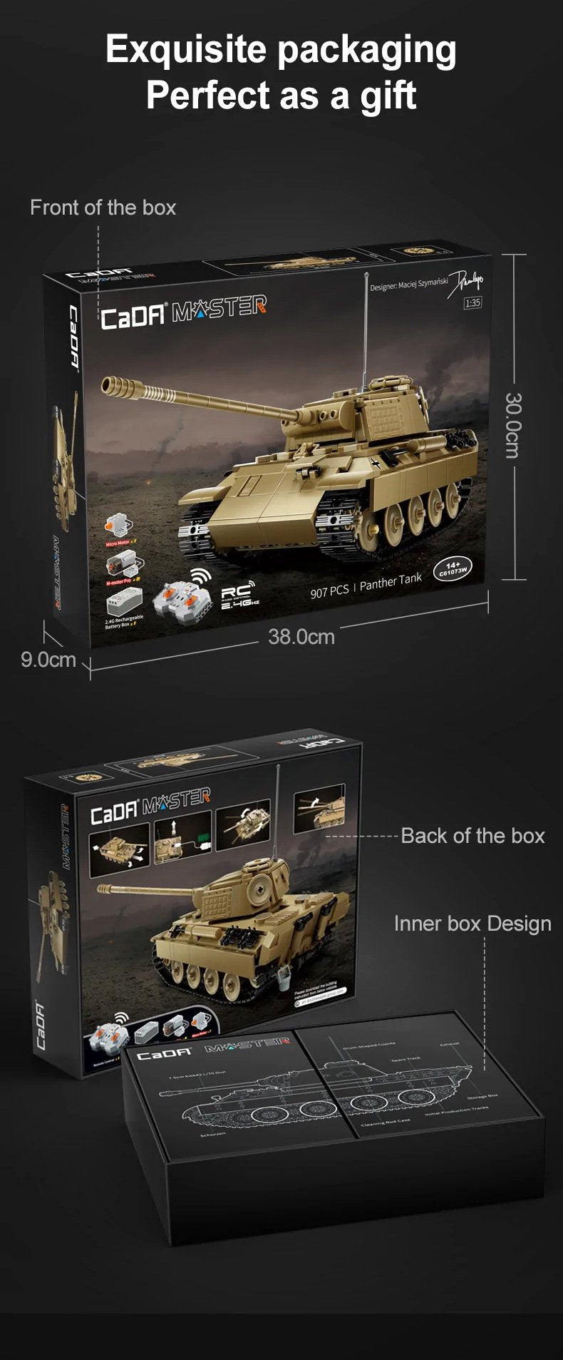 CaDA WWII German Panther RC Tank Brick Set – 907-Piece Remote Controlled Model with Rotating Turret